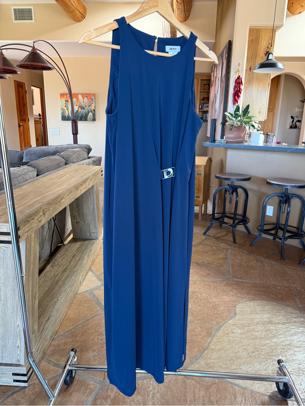 DKNY Navy Blue Sleeveless Midi Maxi Dress D-Logo Buckle Ruched Accent